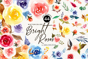 Bright Roses Watercolor Elements