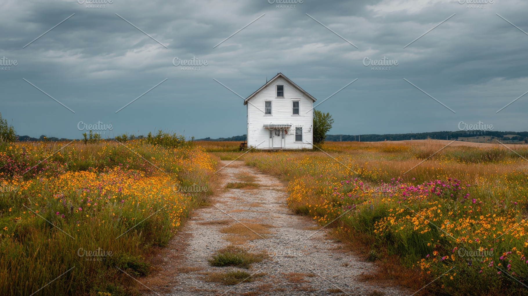 White house in wildflowers, a Photo by Beautiful things