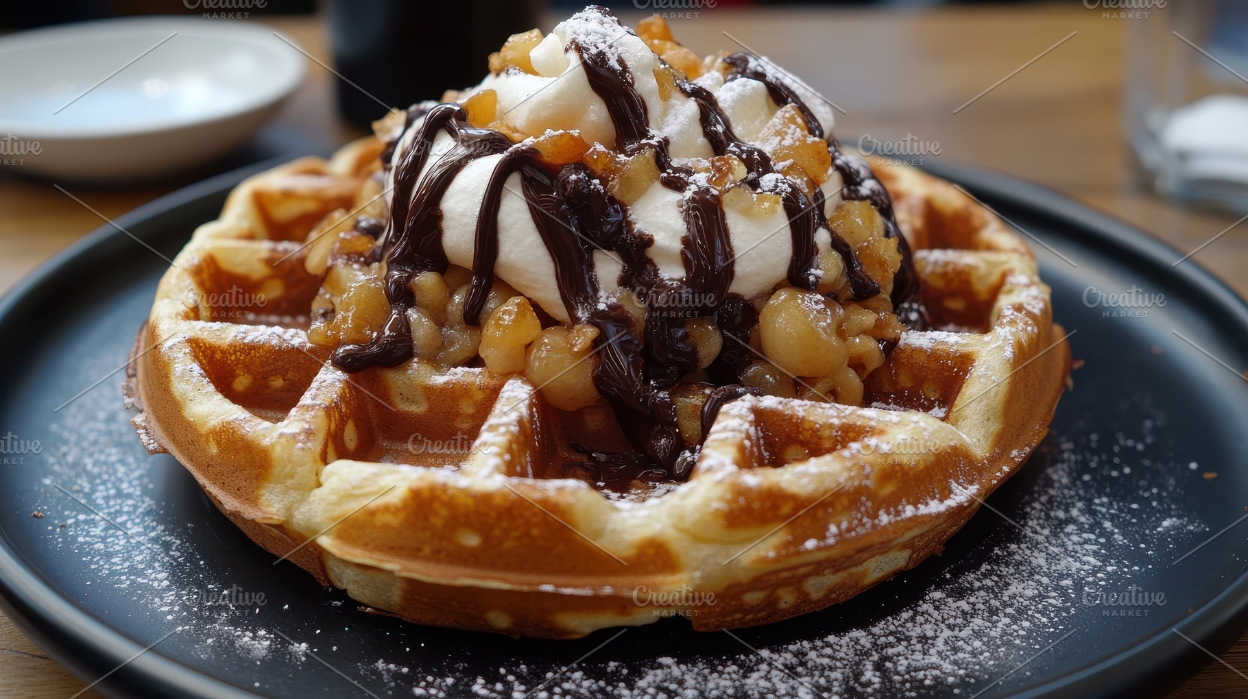 Waffle with cream, caramel sauce, an, a Background Photo by Pixeness
