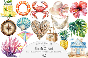 Watercolor Beach Clipart, an Illustration by Design Market