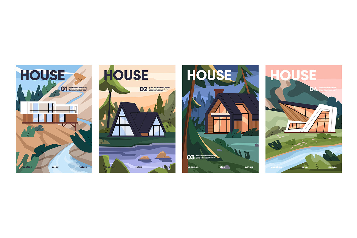 Modern house architecture poster set, an Object Illustration by PaperTrident (Photo 1 of 3)