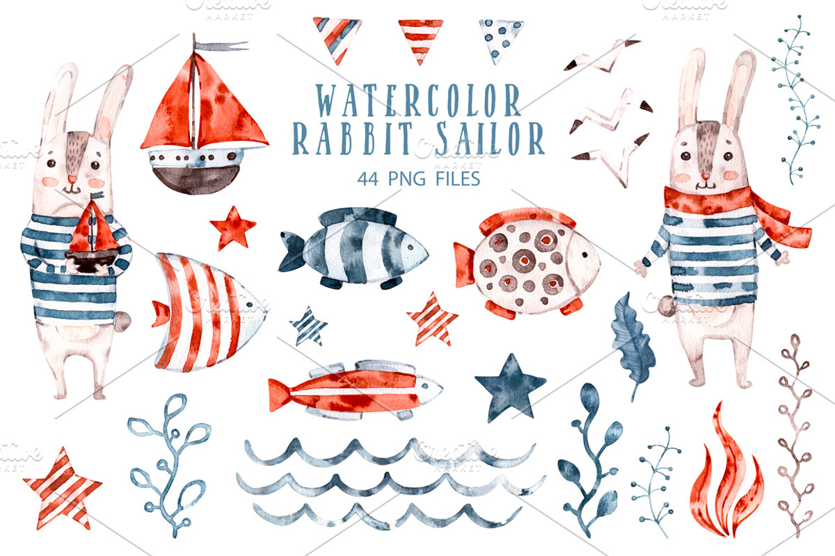 Sea rabbits naive watercolor clipart, an Animal Illustration by UlitkaStudio (Photo 3 of 9)