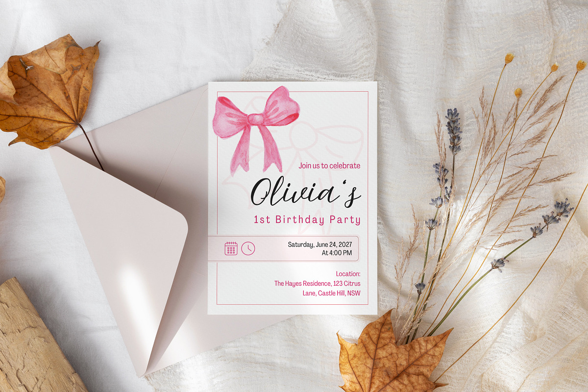 Pink Bow Birthday Invitation Canva, an Invitation Template by Snapybiz (Photo 3 of 10)