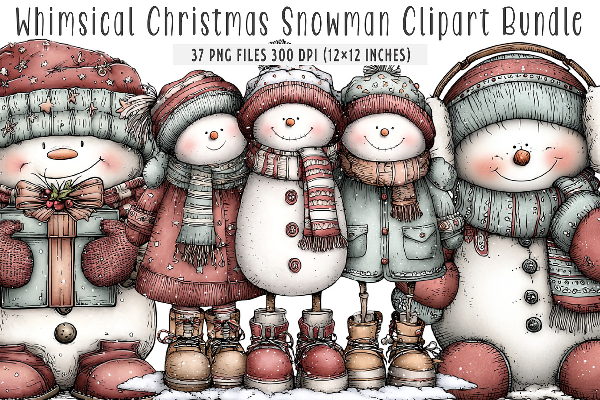 Whimsical Christmas Snowman Clipart, an Illustration by SinaCreation (Photo 1 of 7)
