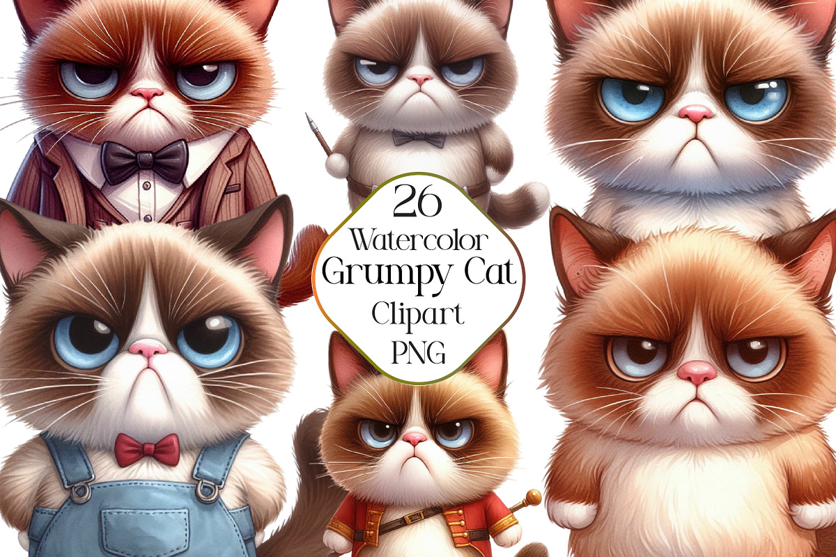 Watercolor Funny Grumpy Cat Clipart, an Illustration by CraftArtStudio (Photo 1 of 5)