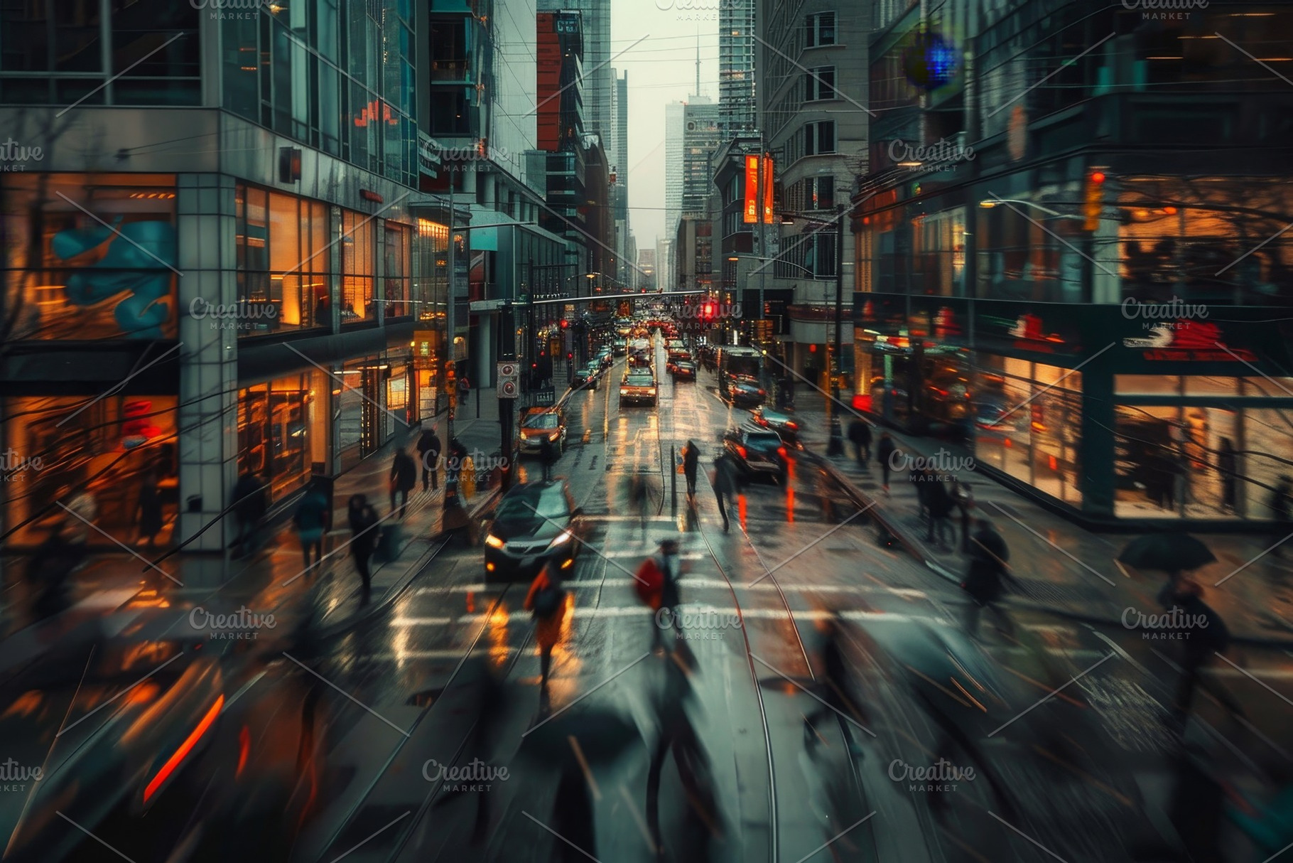 Rain-soaked streets in a bustling ci, a Photo by Tanuart