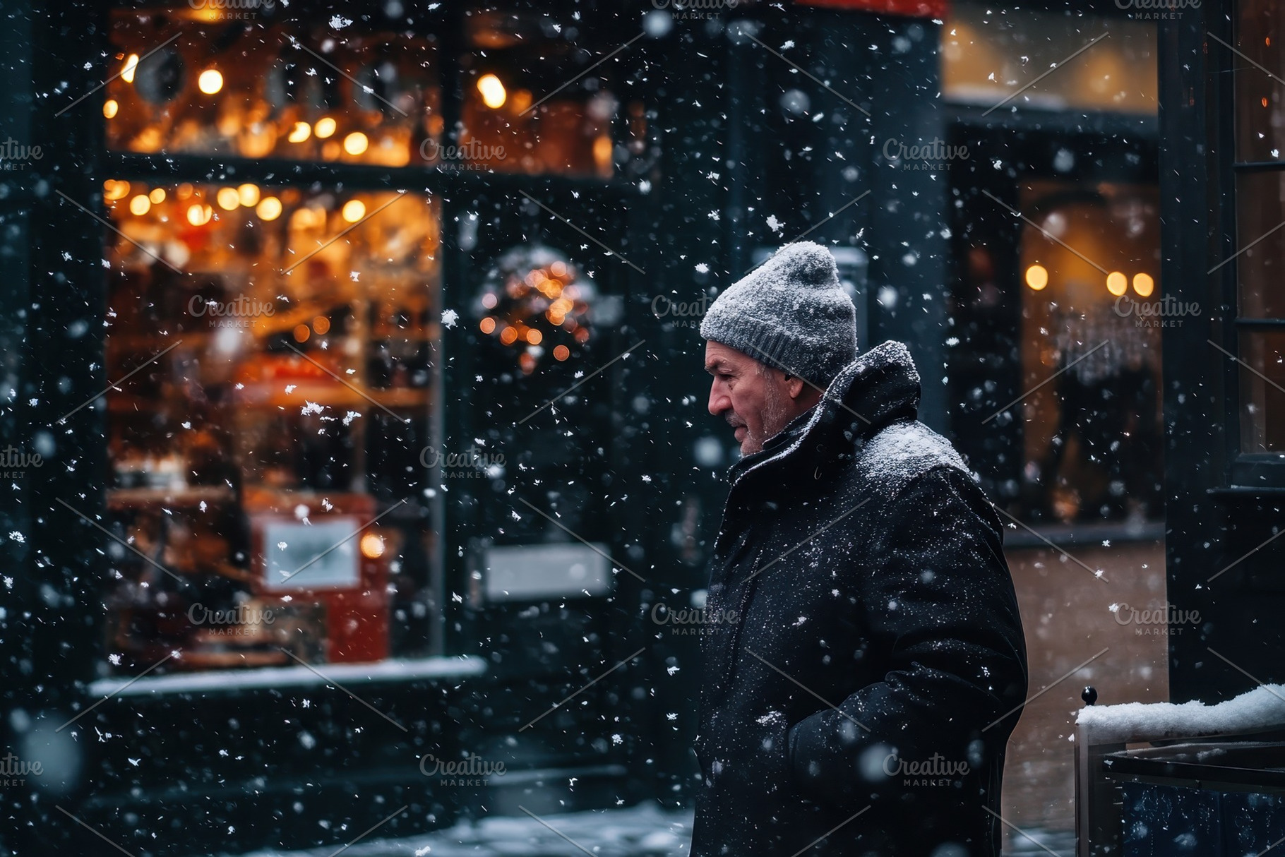 Man walking past shop window in snow, a Photo by Iftikhar Alam