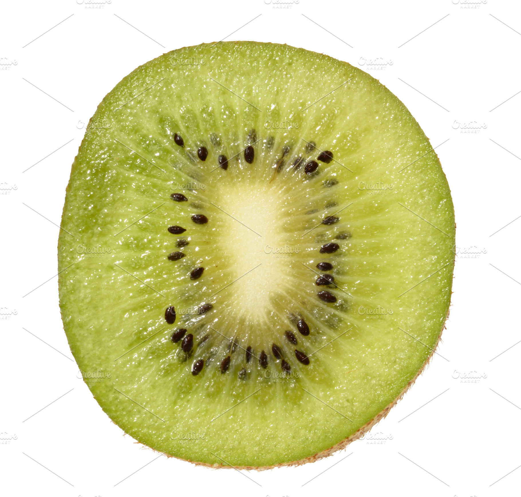 Slice kiwi fruit, isolated background. The vibrant green flesh w, a Food & Drink Photo by ndanko