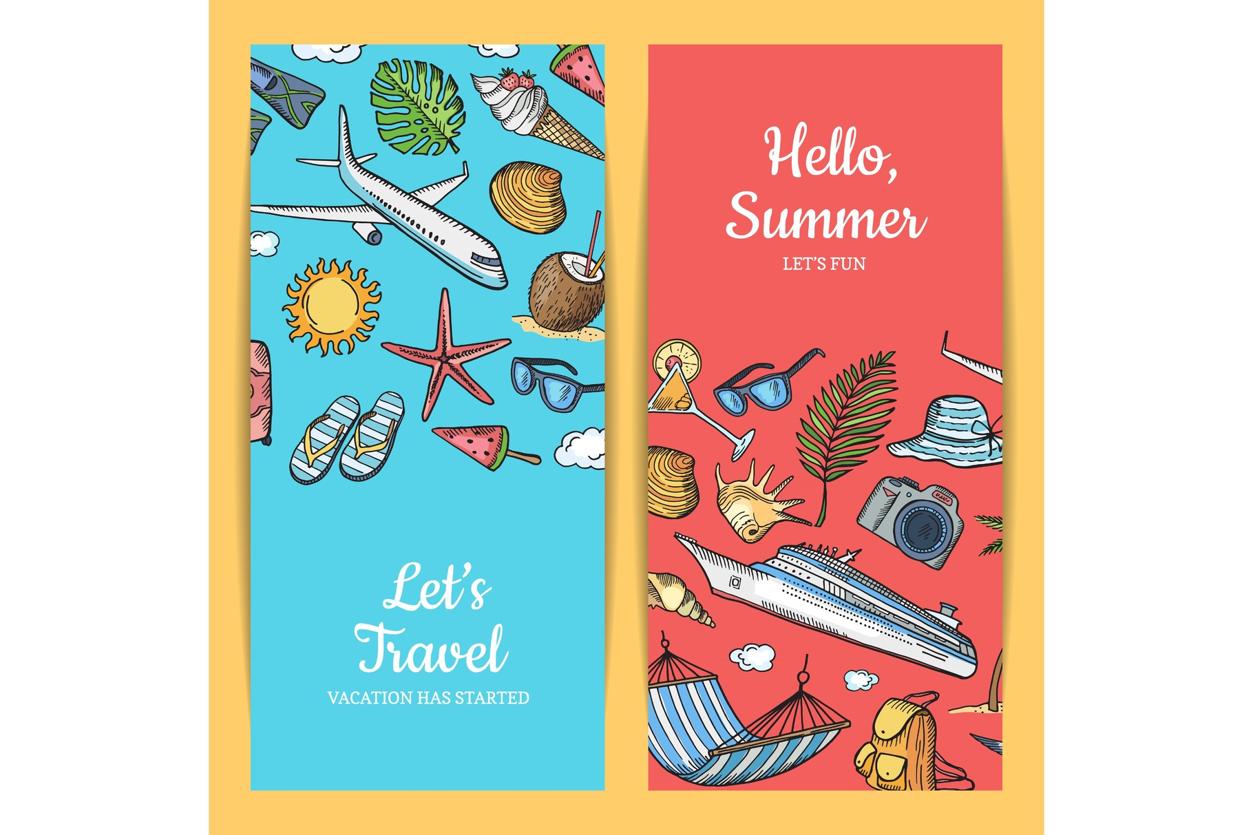 Vector hand drawn summer travel elements banners illustration, a ...