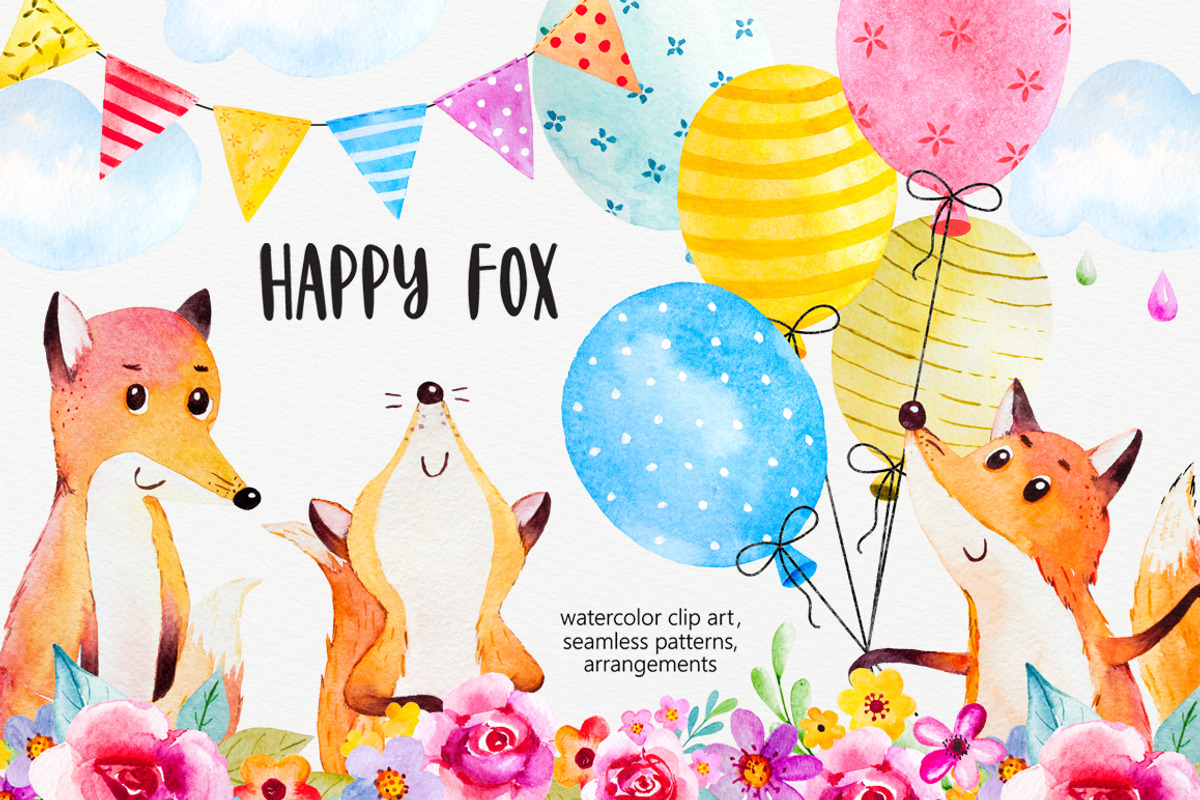Happy fox watercolor clip art, an Animal Illustration by rosypatterns (Photo 1 of 7)