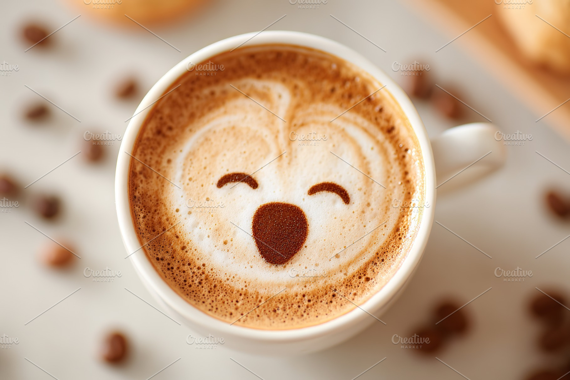 Enjoying coffee with a whimsical yawning face latte art at a cozy cafe, a Food & Drink Photo by AlyaAnd