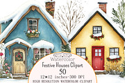 Watercolor Festive Houses Clipart, a Seasonal Illustration by Design Market (Thumbnail 1 of 5)