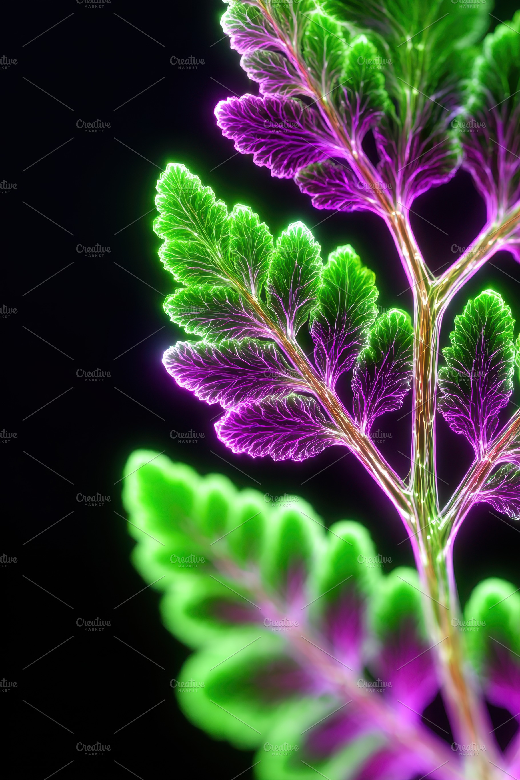 Vibrant fern leaf in green and pink hues, an Abstract Photo by AlyaAnd
