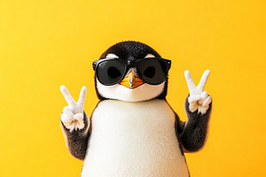 Penguin enjoys a sunny day wearing stylish sunglasses and showing peace signs, an Animal Photo by AlyaAnd
