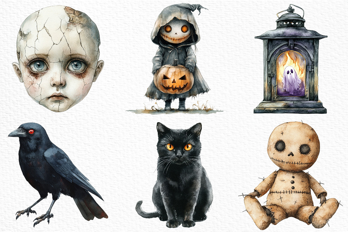 Watercolor Creepy Halloween Clipart, an Illustration by Craft Nest (Photo 2 of 6)