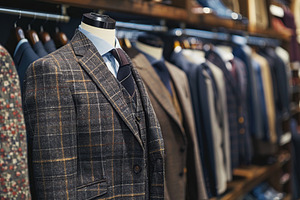 Row of men suits hanging in fashion store, a Business Photo by AlyaAnd