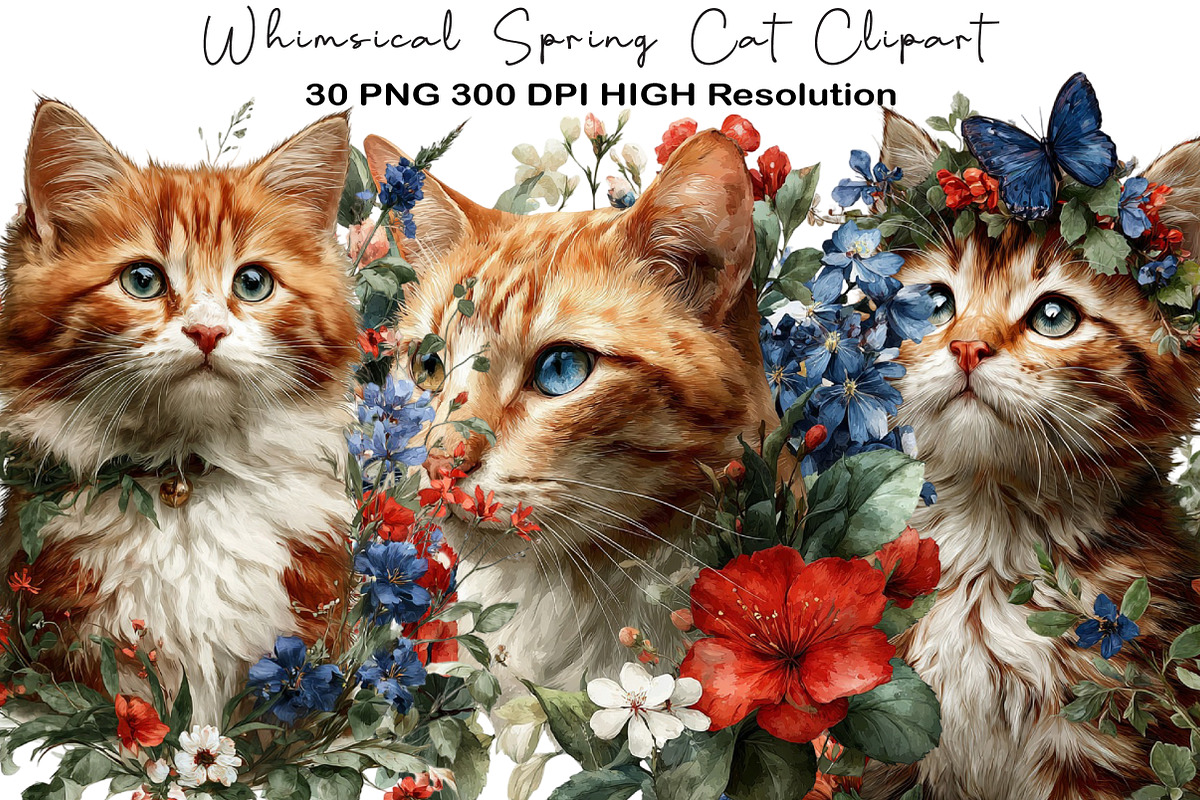 Whimsical Spring Cat Clipart, an Illustration by Black Bird Studio (Photo 1 of 5)