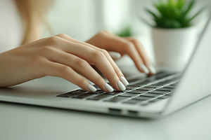 Close-up of a woman's delicate fingers typing on a laptop, featuring a sleek mo, a Person Photo by ImageMir