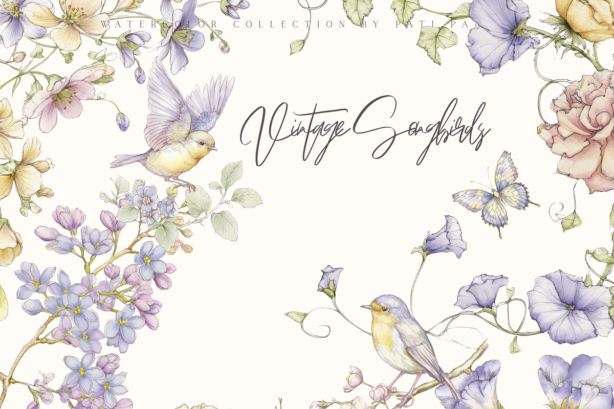 Vintage Floral Songbirds Clipart Set, a Decorative Illustration by Pati Paints (Photo 1 of 11)