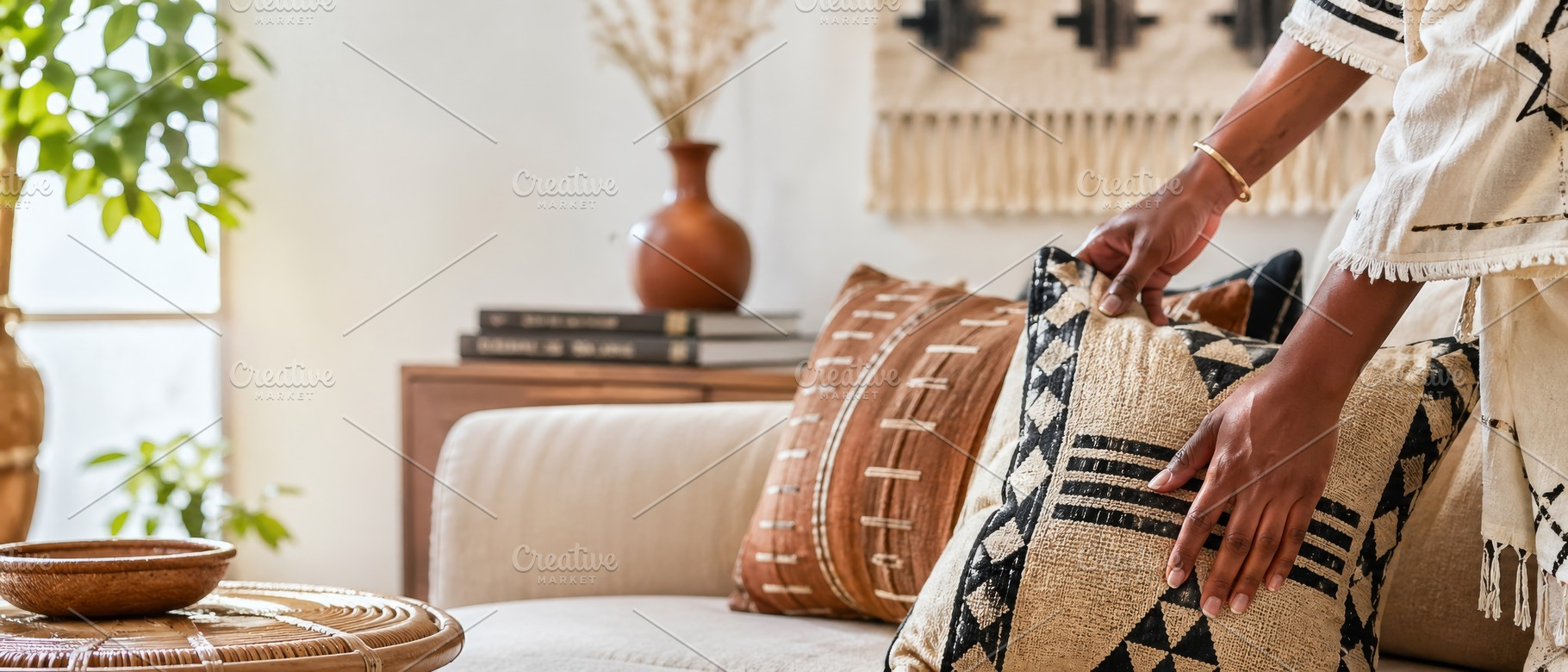 Afrobohemian home interior design with cushions and decor, perfe, a Photo by Dvoevnore photos