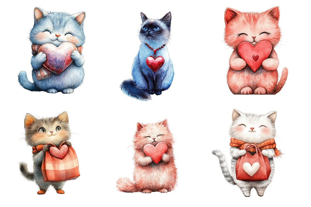 Watercolor Valentine Cats Clipart, an Illustration by Dream Creation (Photo 2 of 7)