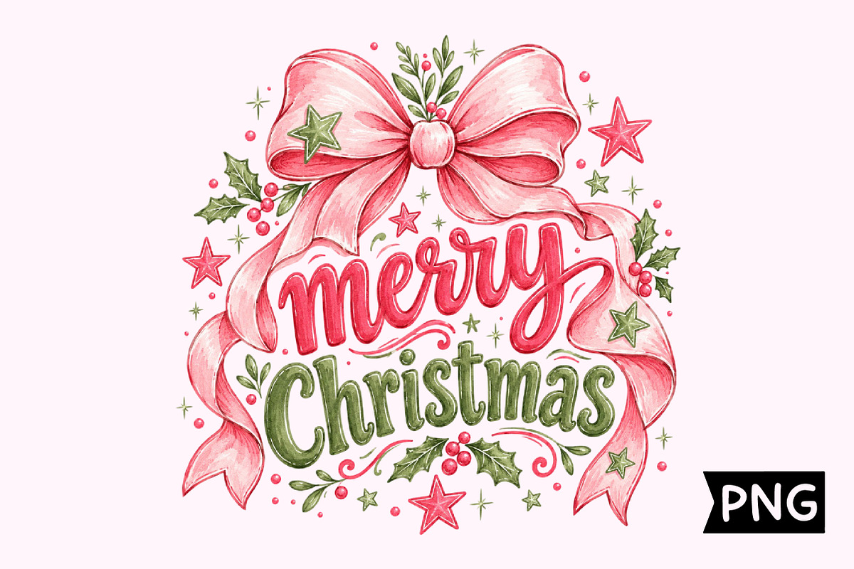 Merry Christmas Pink Bow & Stars PNG, a Seasonal Illustration by Creative Art (Photo 1 of 3)