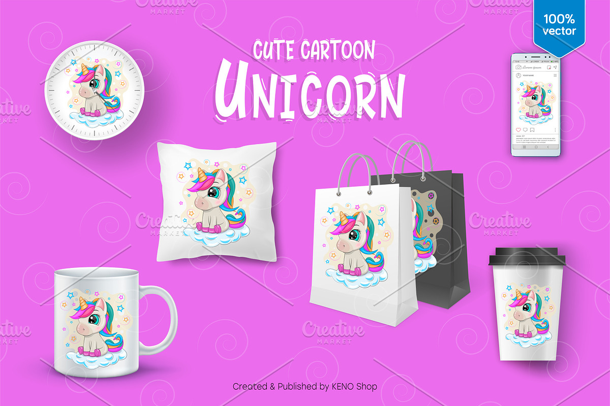 Cartoon little Unicorn. Tshirt, PNG., an Animal Illustration by KENO Mascots (Photo 3 of 4)