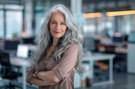 Portrait of attractive mature woman with long gray hair in business office, a Person Photo by AlyaAnd