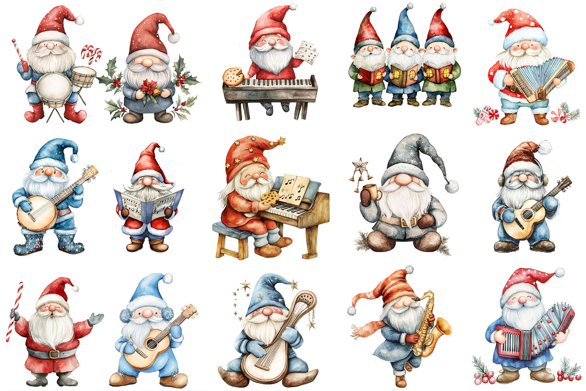 Christmas Gnome Musicians Clipart, an Illustration by Designking (Photo 3 of 4)