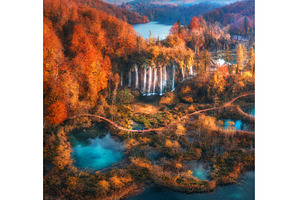 Aerial view of waterfall in red, a Nature Photo by den-belitsky