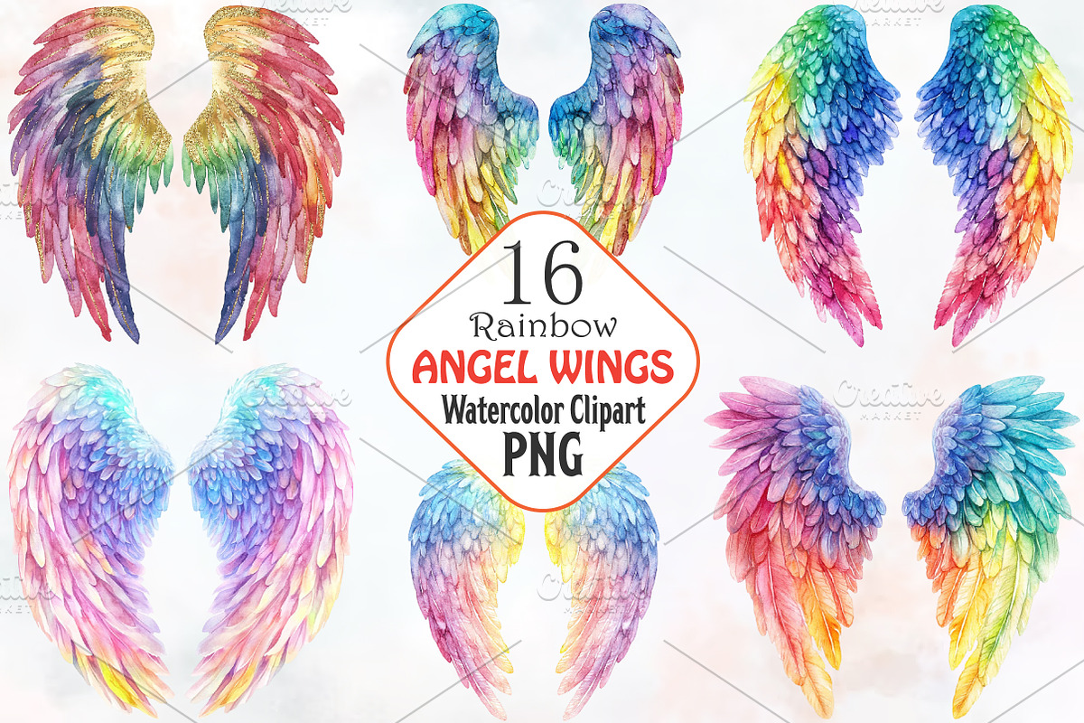 Rainbow Watercolor Angel Wings Png, an Illustration by RobertsArt (Photo 1 of 7)