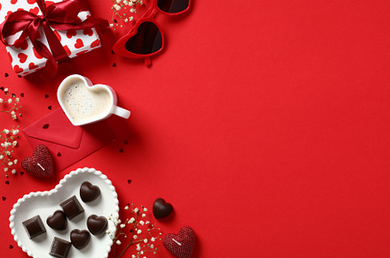 Happy Valentines Day composition. Flat lay gift box, heart shaped coffee cup, c, a Holiday Photo by photoguns