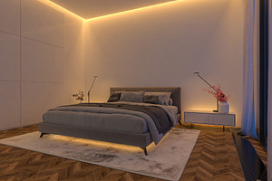 A modern bedroom with a gray bed, so, an Architecture Photo by Pozitivo