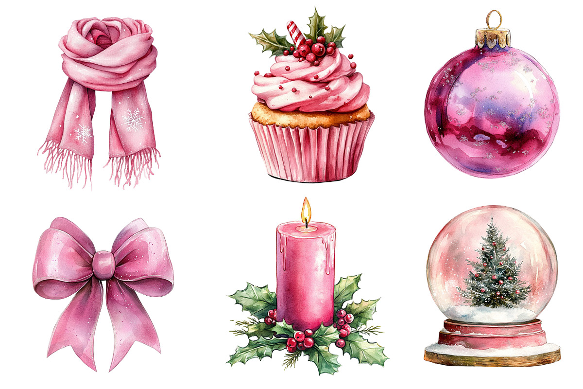Pink Christmas Watercolor Clipart, an Illustration by Dream Creation (Photo 5 of 7)
