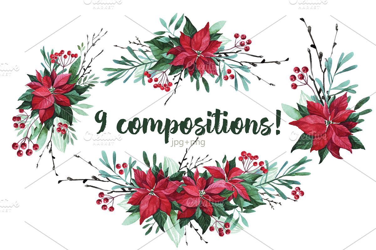 Watercolor Christmas flowers, a Decorative Illustration by YuliaBiser (Photo 5 of 10)