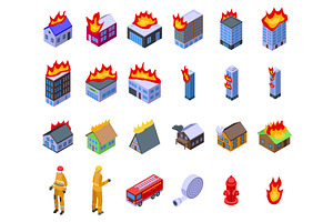 Burning building icons set isometric, an Object Illustration by Ylivdesign