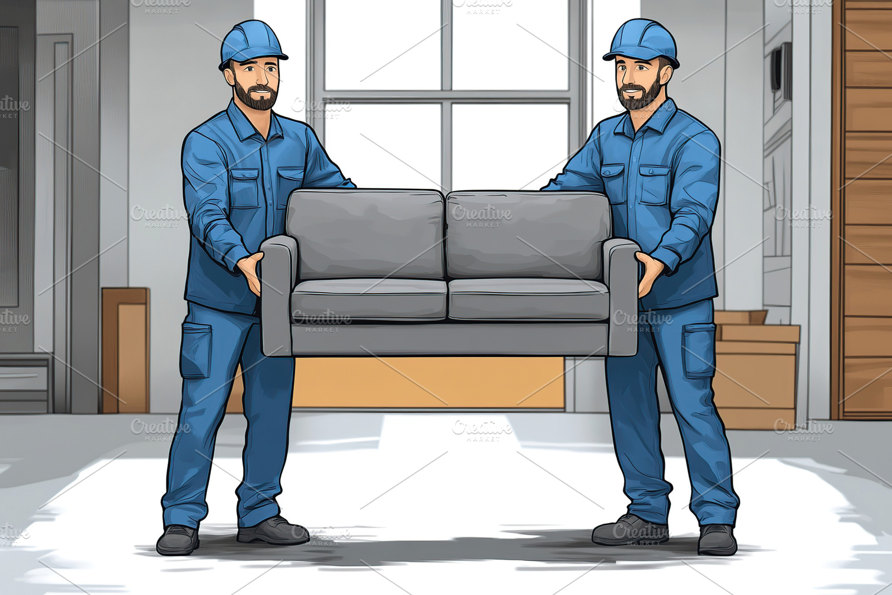 Illustration of two workers carefully moving a gray sofa inside a modern living, a Photo by AlyaAnd