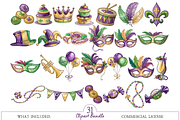 Watercolor Mardi Gras Clipart Bundle, an Illustration by MockupWizard (Thumbnail 2 of 4)