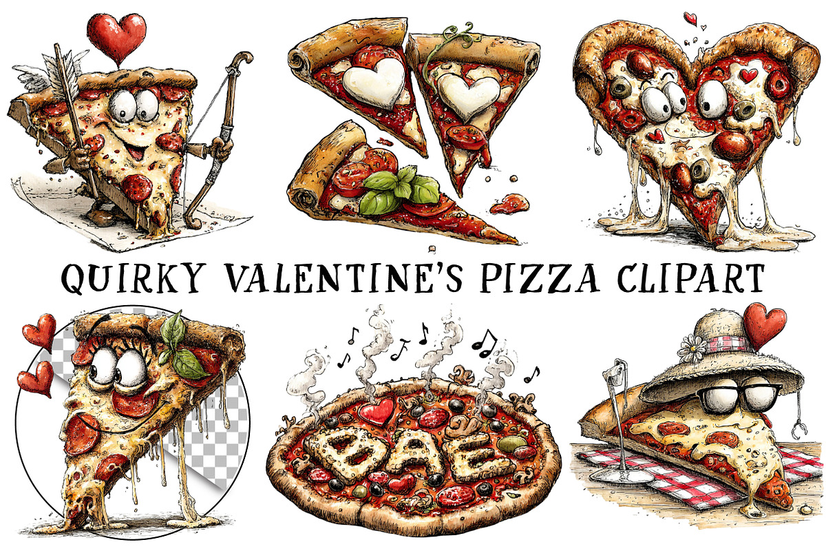 Quirky Valentine's Pizza Clipart, an Illustration by OK Design (Photo 3 of 6)