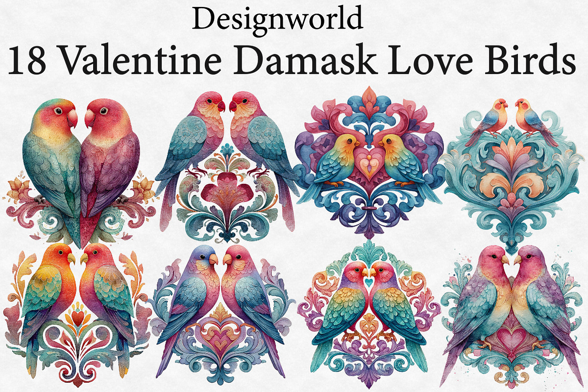 Valentine Damask Love Birds Clipart, an Illustration by Designworld (Photo 1 of 4)