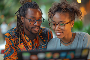 A young Black male and female with glasses smile as they share a light moment t, a Person Photo by ImageMir