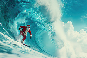 Santa Claus surfing inside a large wave. Digital artwork. Christmas holiday and, a Holiday Photo by Mashimara
