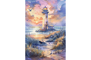 Watercolor Lighthouse on Cliff, a Decorative Illustration by Art Paradise Studios