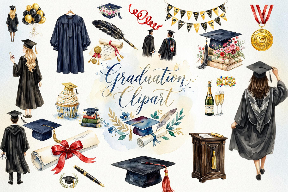 Watercolor Graduation Clipart PNGs, an Education Illustration by VetalStock (Photo 1 of 24)