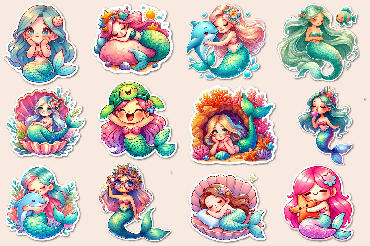 Kawaii Mermaid Clipart Bundle, an Illustration by Dream Creation (Photo 2 of 4)