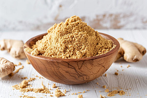 Ground dry ginger in bowl on wooden background, a Food & Drink Photo by AlyaAnd