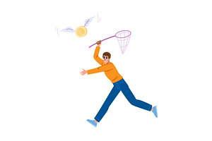Man trying to catch flying coin with, a Person Illustration by pikepicture