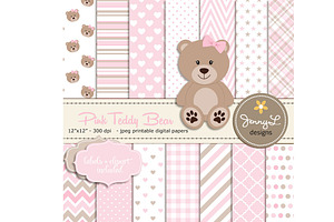 Pink Teddy Bear Digital Paper, a Pattern Graphic by JennyL Designs