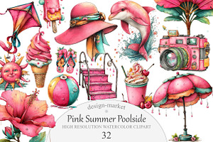 Whimsical Pink Summer Poolside Clipa, an Illustration by Design Market