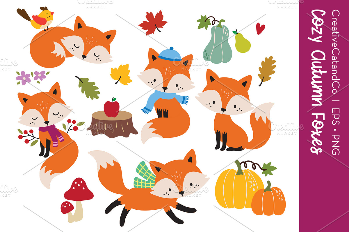 Cute Fox Fall Season EPS PNG Set, an Animal Illustration by CreativeCatandCo (Photo 1 of 3)